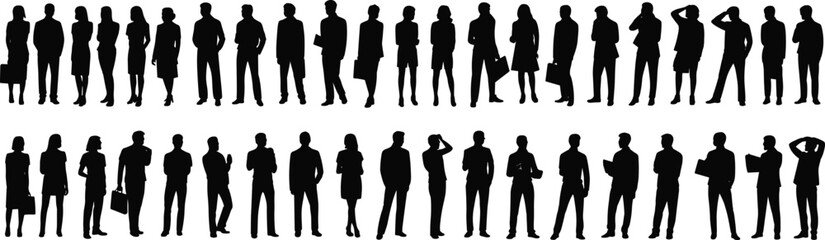 Large collection of business people silhouettes, diverse crowd of men and women professionals standing in rows, vector isolated