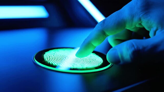 Close-up finger pressing a glowing circular touch sensor on a sleek panel bathed in blue light in HD