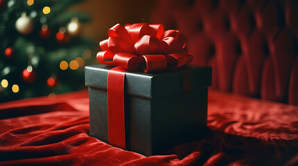 Black Gift Box with Red Ribbon – Elegant Christmas Present Photography