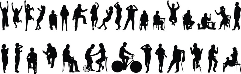 Large vector collection of people silhouettes in various poses like jumping, sitting, dancing, and cycling, isolated on white background