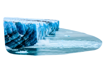 Frozen glacial ice cliff with deep blue crevasses and ocean water isolated on transparent background