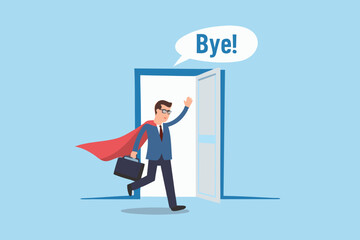 Superhero businessman leaving through door with cape and briefcase