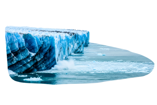 Frozen glacial ice cliff with deep blue crevasses and ocean water isolated on transparent background