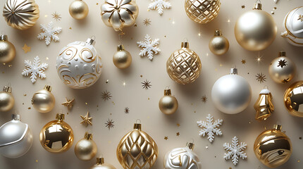 Elegant Gold and White Christmas Ornaments – Festive Holiday Bauble Flatlay