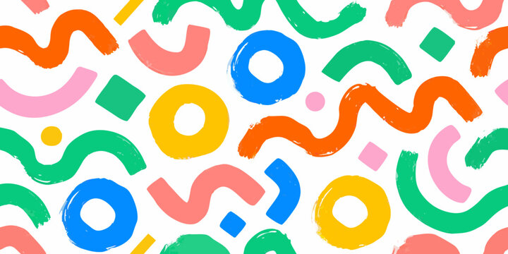 Colorful brushstroke pattern with geometric shapes on white background