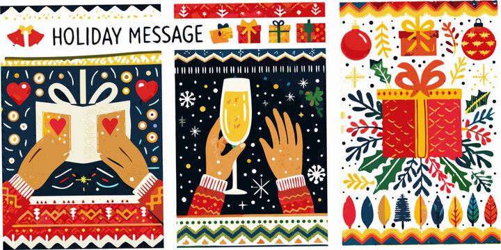 Festive holiday illustrations featuring gifts champagne and heartfelt messages