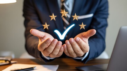 Professional individual presents glowing service achievement with five golden stars and a bright checkmark