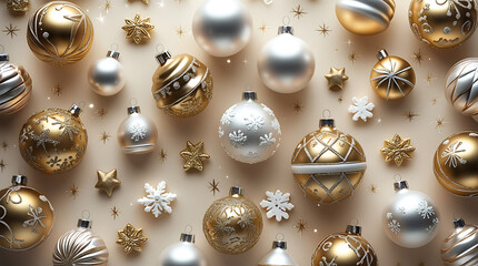 Elegant Gold and White Christmas Ornaments – Festive Holiday Bauble Flatlay