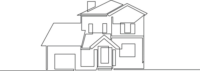 Minimalist continuous line drawing of a modern residential house with a garage and porch, perfect for real estate or home design concepts