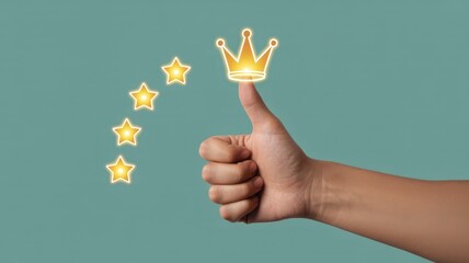 Human hand gestures upward thumb in a sign of approval alongside glowing golden rating stars and a regal crown