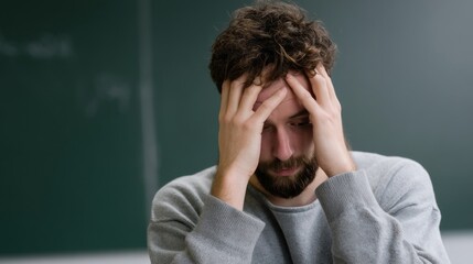 A man sits in a classroom, his hands pressed against his head. He looks troubled and lost in thought, reflecting on what he has learned during the afternoon session