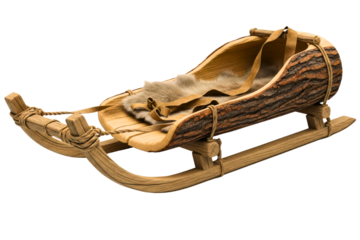 Traditional handmade wooden sledge with animal fur and leather isolated on transparent background