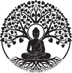 Silhouette of buddha meditating under the bodhi tree white
