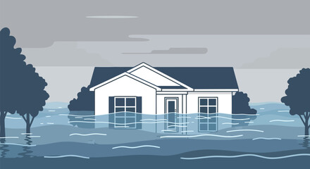 Flood damaged house illustration: property risk & disaster impact Vector, illustration