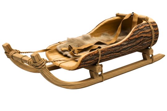 Traditional handmade wooden sledge with animal fur and leather isolated on transparent background