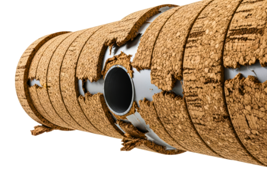 Metal pipe wrapped in damaged and peeling natural cork insulation isolated on transparent background