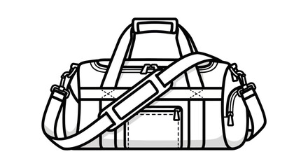 Obraz premium Illustrated Duffel Bag with Shoulder Strap and Handles Black and White Outline.