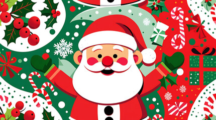 Colorful Santa Claus Christmas Illustration with Gifts and Candy Canes