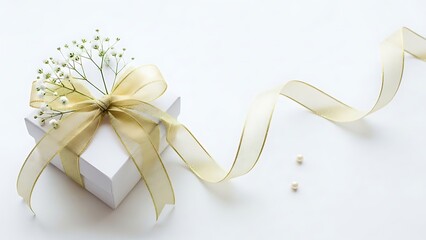A beautifully wrapped gift box with a golden ribbon and delicate floral accents, perfect for celebrations.
