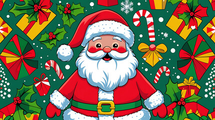 Colorful Santa Claus Christmas Illustration with Gifts and Candy Canes