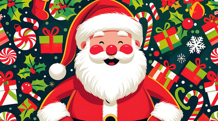 Colorful Santa Claus Christmas Illustration with Gifts and Candy Canes
