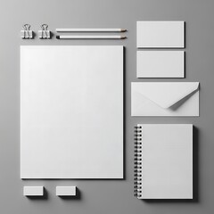 Blank white stationery items including paper, cards, pencils, and notebook on a grey background.