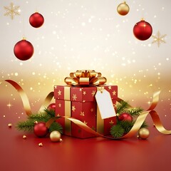 Elegant red Christmas gift box with golden ribbon and festive ornaments on a sparkling holiday background.