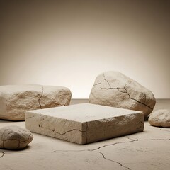 A minimalist product display podium made of cracked stone on a dry, earthy background.