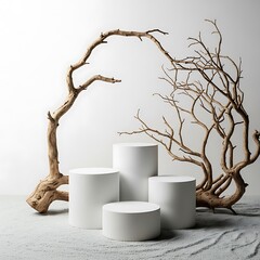 A minimalist product display featuring white cylindrical platforms and dry branches against a neutral backdrop.