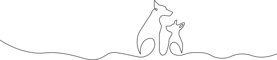 Elegant continuous line art drawing of two loyal dogs, a parent and puppy, showcasing their loving bond in a minimalist style perfect for modern pet designs
