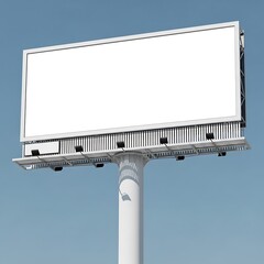 A large blank white billboard against a clear blue sky, ready for advertising.