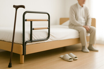 介護ベッドと手すりと杖が並ぶ高齢者向け転倒防止の寝室イメージ