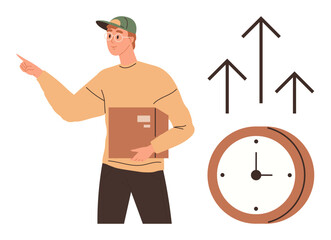 Delivery worker with cap holding a parcel, gesturing forward. Nearby clock and upward arrows signify time, progress, success, logistics, punctuality. Ideal for productivity, growth logistics