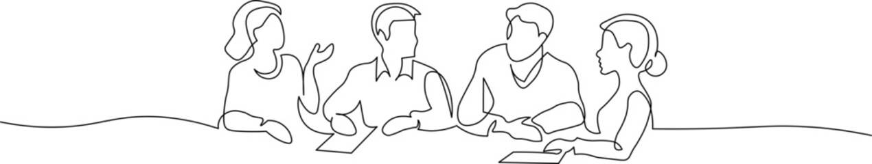 Innovative team collaboration with continuous line art showing people brainstorming ideas and planning for a successful project in a modern office environment
