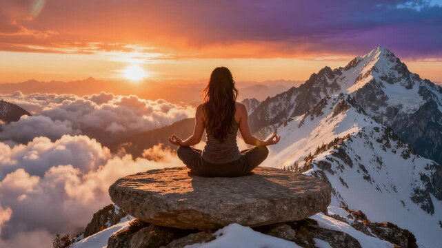 Breathtaking mountain serenity as a woman finds inner peace through yoga and meditation at sunrise, promoting wellness, balance, and a healthy lifestyle