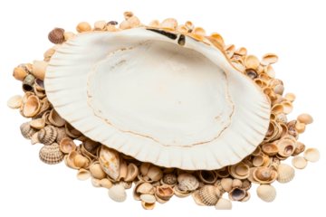 Large white scallop seashell surrounded by small beach shells isolated on transparent background