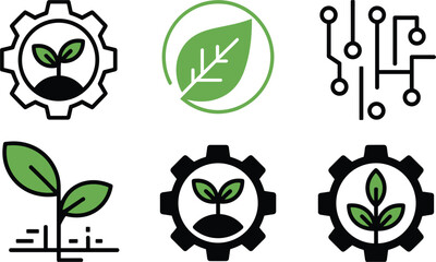 Six icons representing green technology, sustainability, and growth concepts Keywords: green