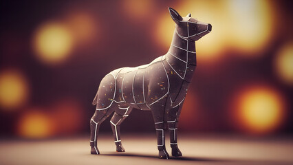 Geometric deer sculpture stands against a blurred background of warm, glowing orbs.