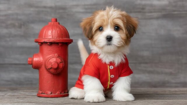 Cute puppy in red outfit beside bright red fire hydrant on wooden floor background 4k video footage