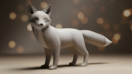 Fox statue stands on a surface with bokeh lights in the background.