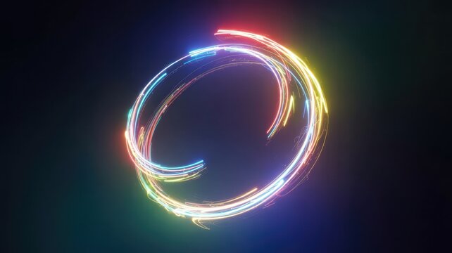Vibrant multicolored light streaks form a dynamic swirling ring shape against a dark background