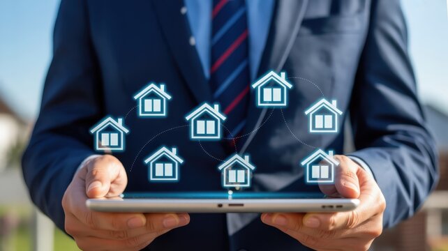 Professional holding digital tablet displaying interconnected home network icons over blurred residential background - Powered by Adobe