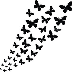 Flock of black butterflies silhouette flying upwards, nature swarm vector illustration, freedom concept, isolated insect migration, summer background design