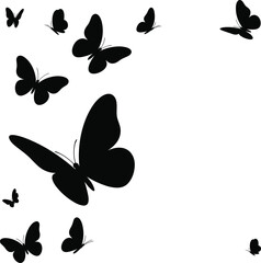 Flock of black butterflies flying silhouette, vector illustration isolated on white background, concept of nature, spring, and freedom