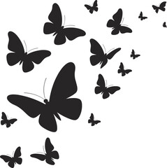 Flock of flying black butterflies silhouette, nature swarm vector illustration, spring freedom concept, isolated insect migration, summer background design