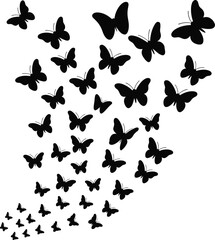 Flock of black butterfly silhouettes flying upwards, concept of freedom, nature, spring, transformation, and beauty isolated on white background
