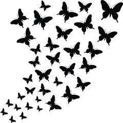 Flock of flying black butterflies silhouette, swarm vector illustration, nature freedom concept, isolated insect migration, summer decorative background designFlock of flying black butterflies 