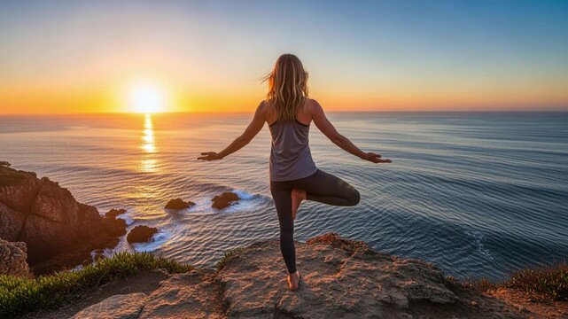 Stunning sunrise yoga retreat on cliffside with ocean views, perfect for wellness, travel, or mindful living promotions