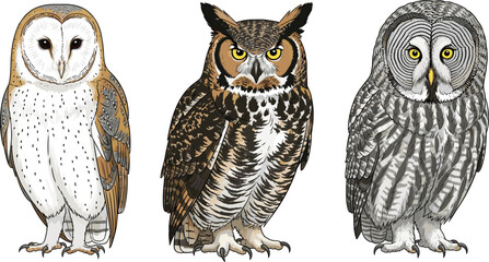 Naklejka premium Barn Owl, Great Horned Owl, Great Gray Owl, bird species, owl comparison, wildlife, nocturnal birds, forest animals, flat vector illustration