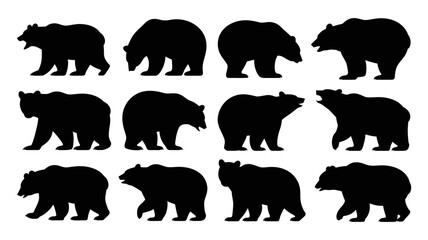 Collection of twelve distinct black bear silhouettes, depicting various natural poses and behaviors, ideal for graphic design and wildlife projects.